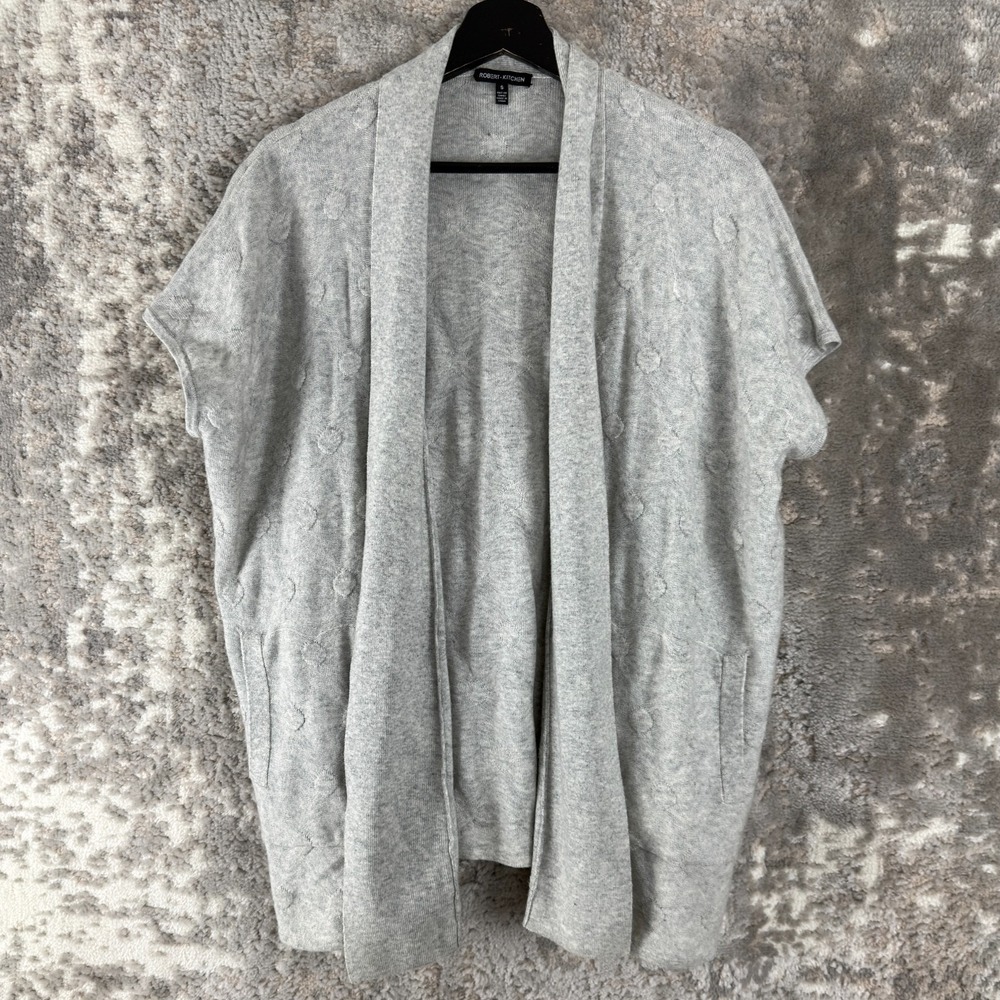 Robert Kitchen Sz S‎ Wool Open Front Textured Cardigan Sweater Gray Short Sleeve